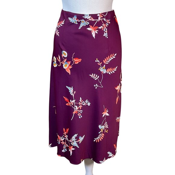 Ann Taylor Factory Burgundy Floral Flowing Elastic Waist Pull On Skirt M - Picture 3 of 6